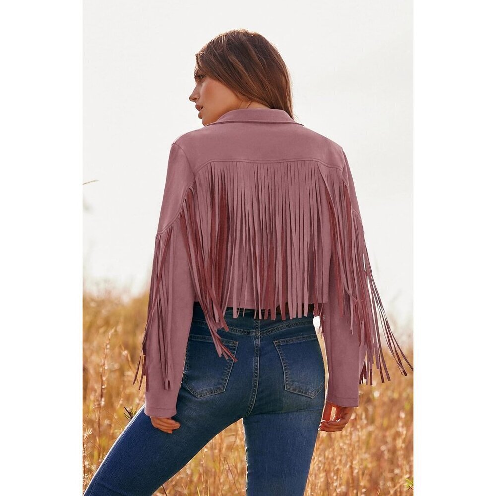🆕Women's Dark Pink Fringe Faux Suede Leather Jacket Tassel Cropped Fall Coat - Picture 9 of 9